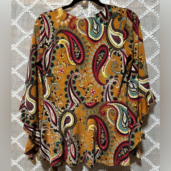 Sew in love mustard and paisley faux wrap top with tie and flutter sleeves - Picture 6 of 8
